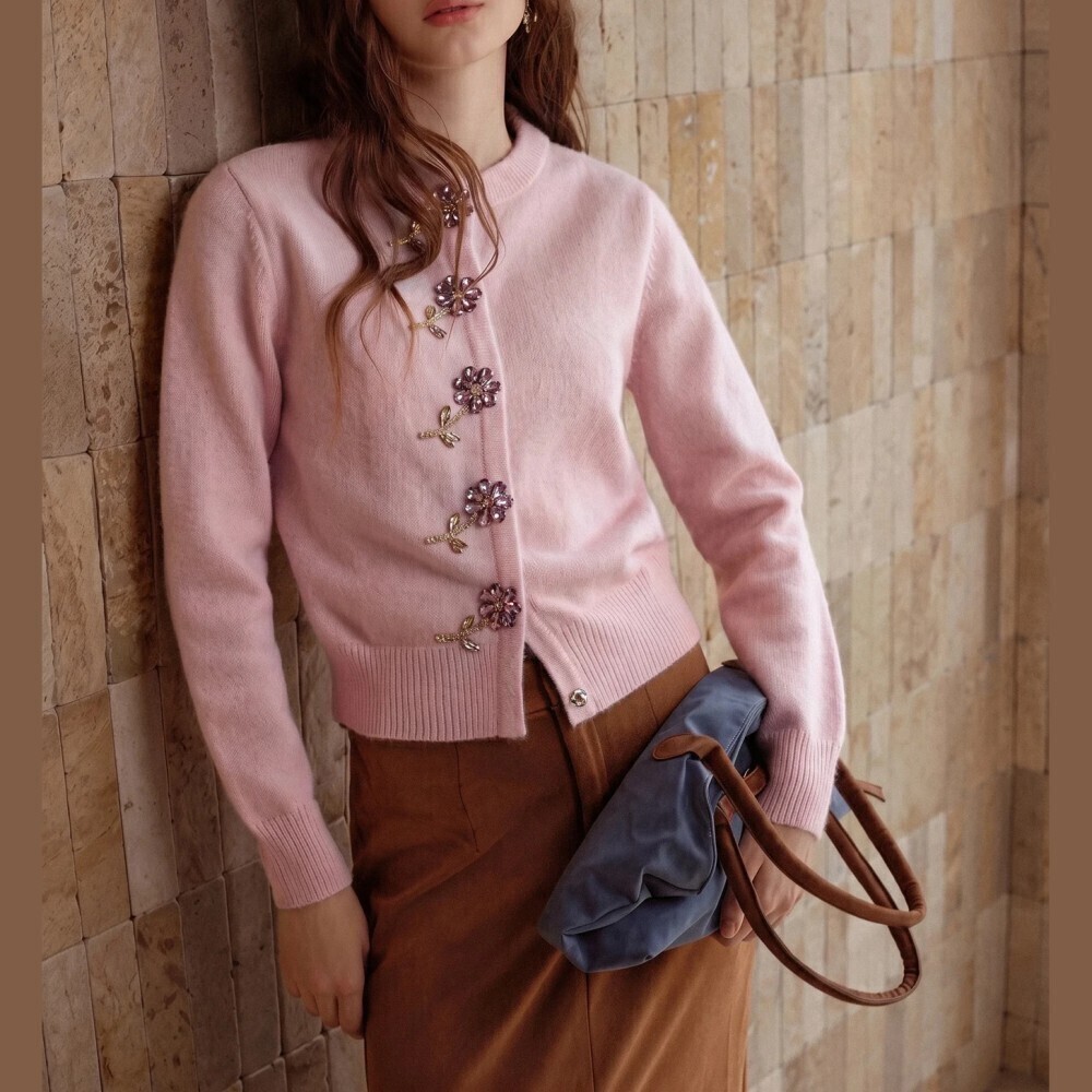 Pink Knit Cardigan with Crystal Flower Embellishments